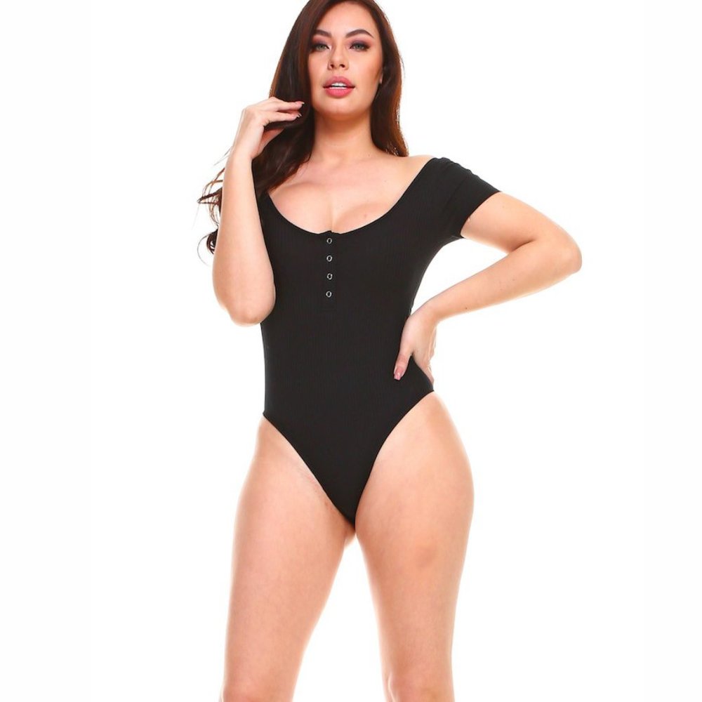 Black ribbed short sleeve cotton blend bodysuit